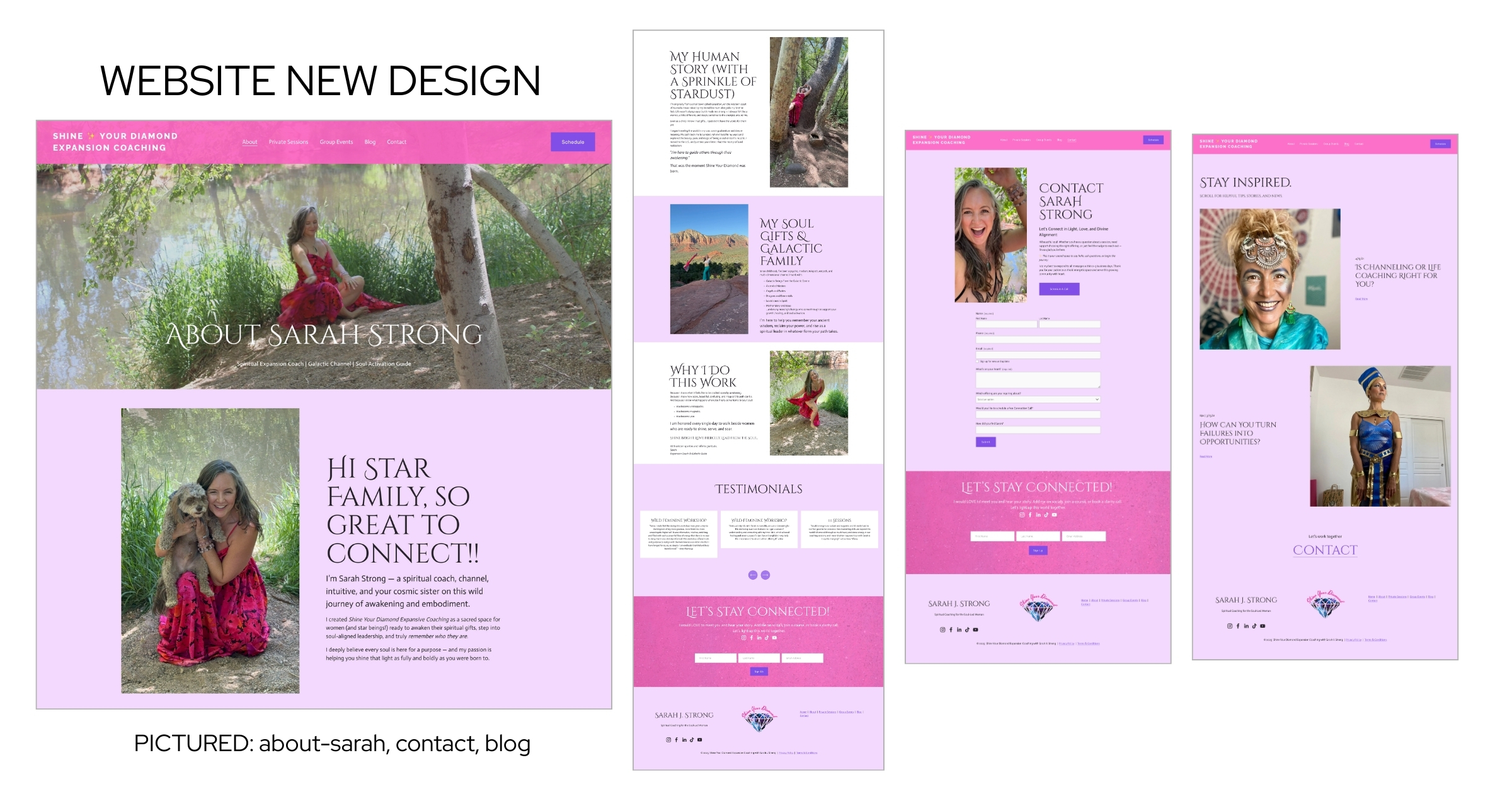 Redesigned website for SarahJStrong.com featuring modern layout, updated images, clear calls to action, and friendly UX/UI design by DK2 Design.
