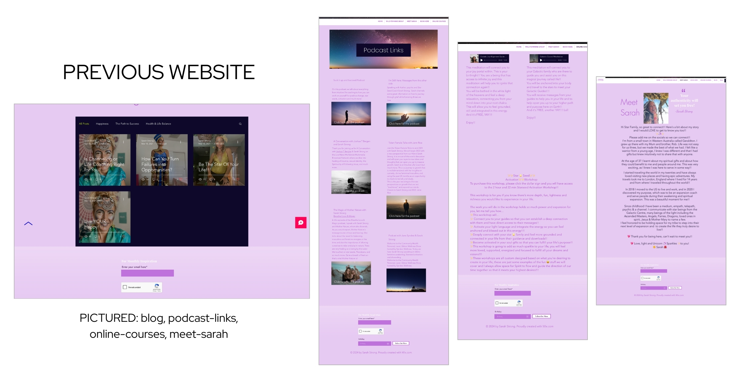 Website layout before redesign showing outdated structure, minimal visuals, and less intuitive navigation on SarahJStrong.com.